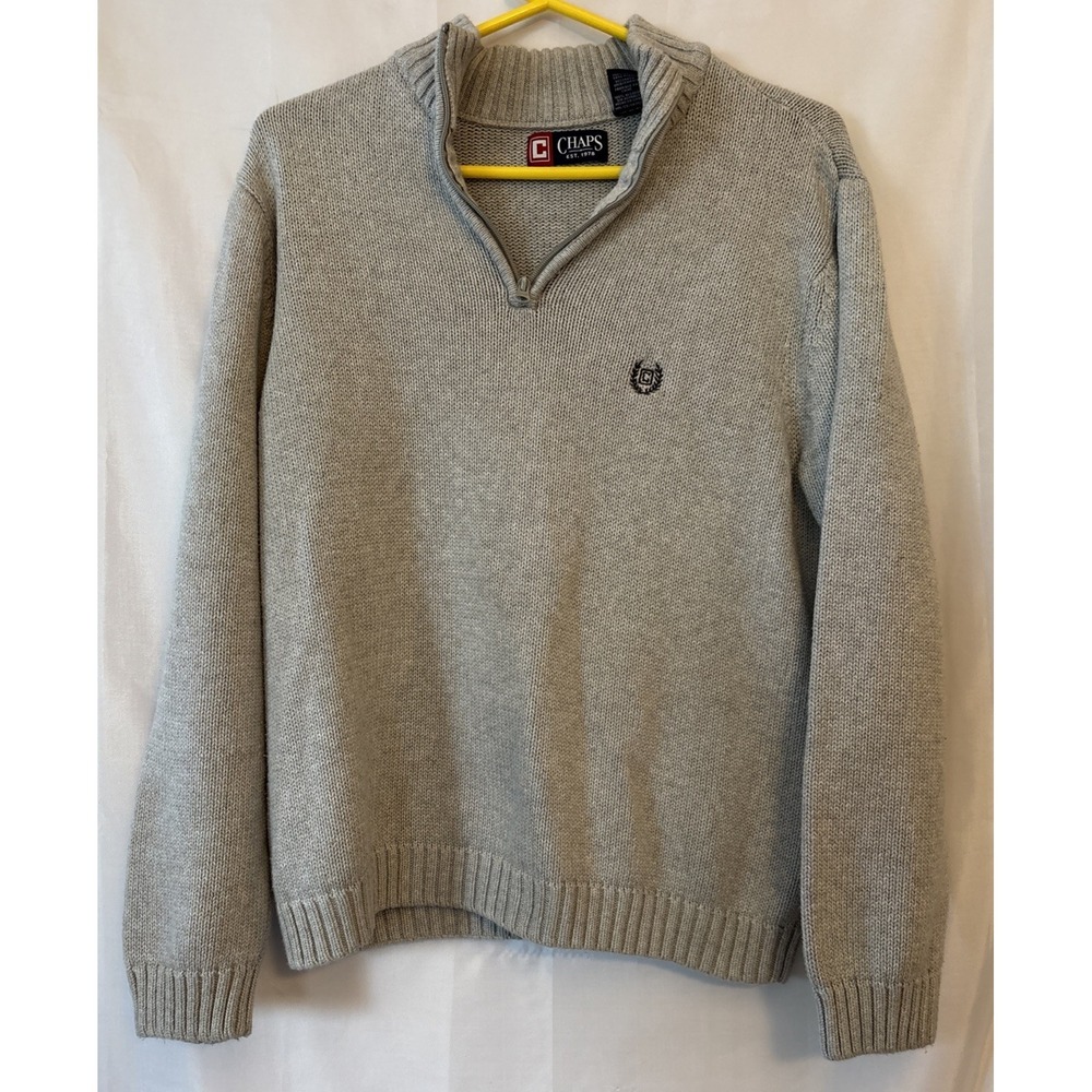 Chaps Men's Sweater M Gray 1/4 Zip Up Sweatshirt Shirt Long Sleeve Logo Pullover